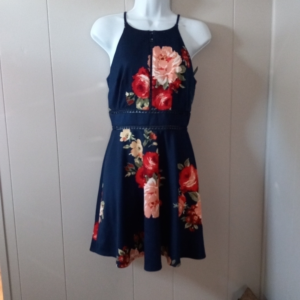 BCX Navy Blue Flowered Sundress Waist Cut Out, Sz 5.  NWT